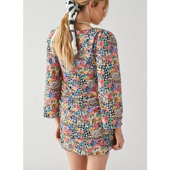 For Love and Lemons June Checkered Mini Dress Sz XS NWT Botanical Mushroom Print - Picture 7 of 14